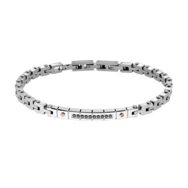 Bracciale Uomo Catena Imperniata con Targa e Cubic Zirconia Neri in ACCIAIO