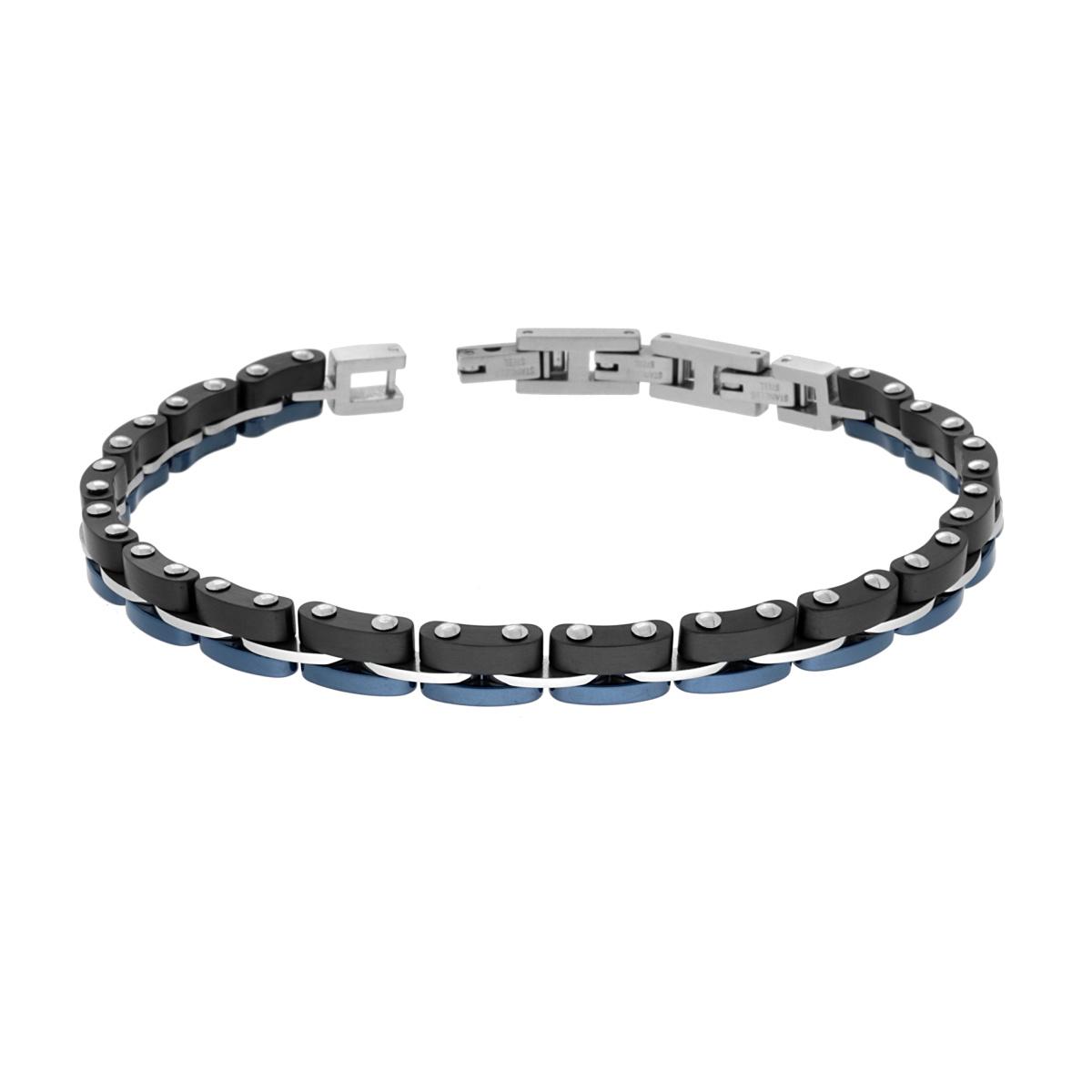 Bracciale Uomo Maglia Imperniata in Ceramica Blu e Nero in ACCIAIO