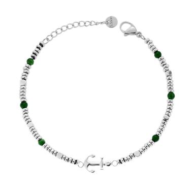 Bracciale Catena Anelli e Cubetti con Pietre colore Verde Malachite con Ancora in ACCIAIO