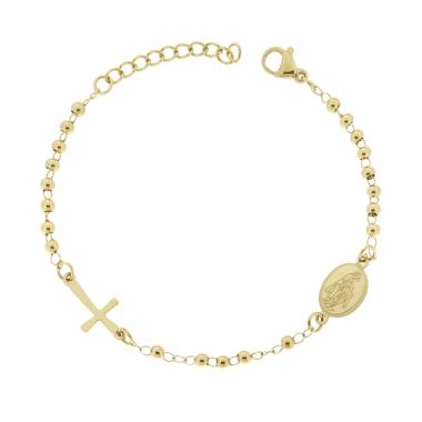 Bracciale Rosario cm 17+3 con Grani Pallina Liscia mm 3 con Croce e Medaglia Madonna in ACCIAIO colore Oro