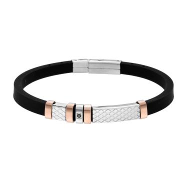 Bracciale Uomo in Caucciu PVC Nero e Targa con dettagli Geometrici e Cubic Zirconia Nero in ACCIAIO