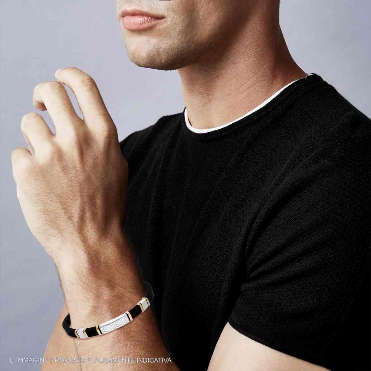 Bracciale Uomo in Caucciu PVC Nero e Targa con dettagli Geometrici e Accessori Rosè in ACCIAIO