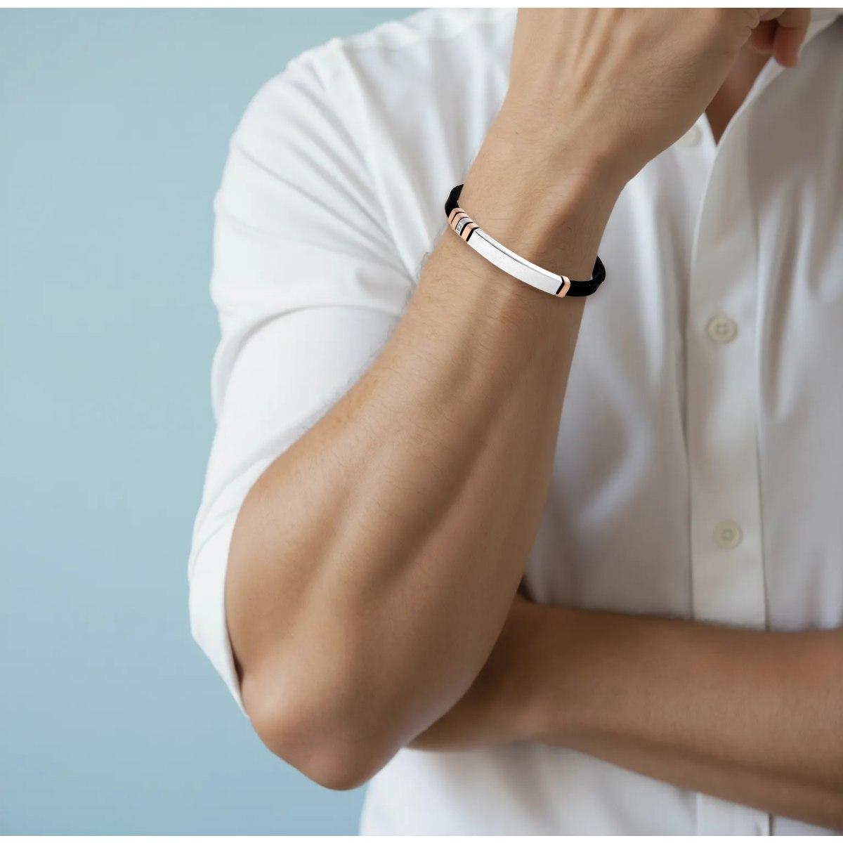 Bracciale Uomo in Caucciu PVC Nero con Targa e Crystal Bianco in ACCIAIO