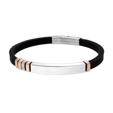 Bracciale Uomo in Caucciu PVC Nero con Targa e Cubic Zirconia Bianco in ACCIAIO