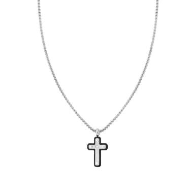 Collana Uomo Catena Veneziana Tonda con Croce Nera con Cubic Zirconia Bianco in ACCIAIO