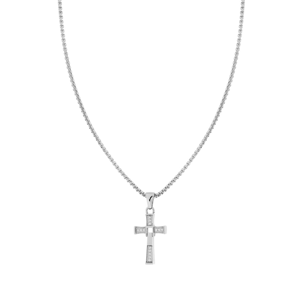 Collana Uomo Catena Veneziana Tonda con Croce con Crystal Bianchi in ACCIAIO