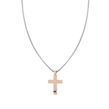 Collana Uomo Catena Veneziana Tonda con Croce Quadrettata Rosa con Cubic Zirconia Neri in ACCIAIO