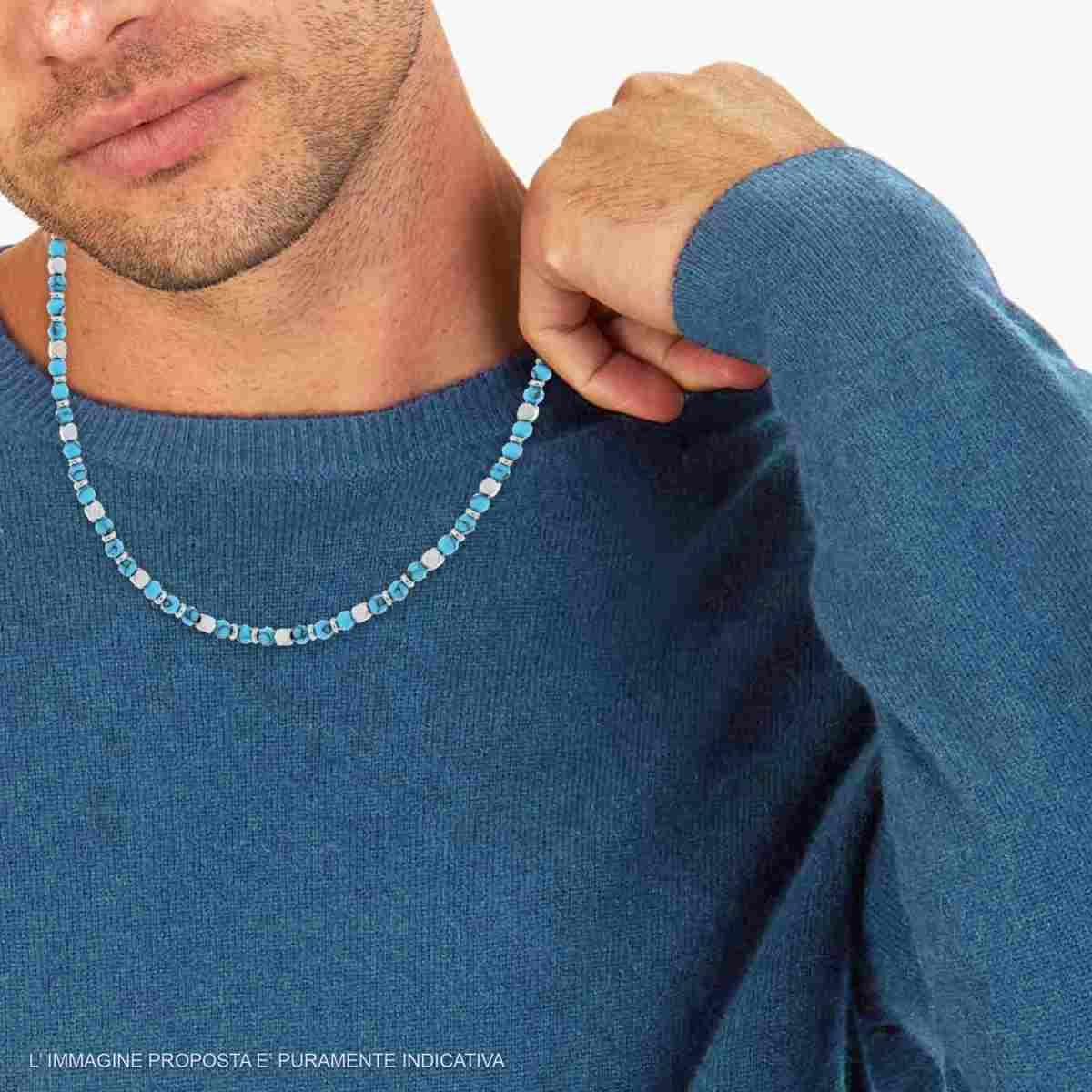 Collana Catena con Palline Pietra Turchese e Cubetti in ACCIAIO