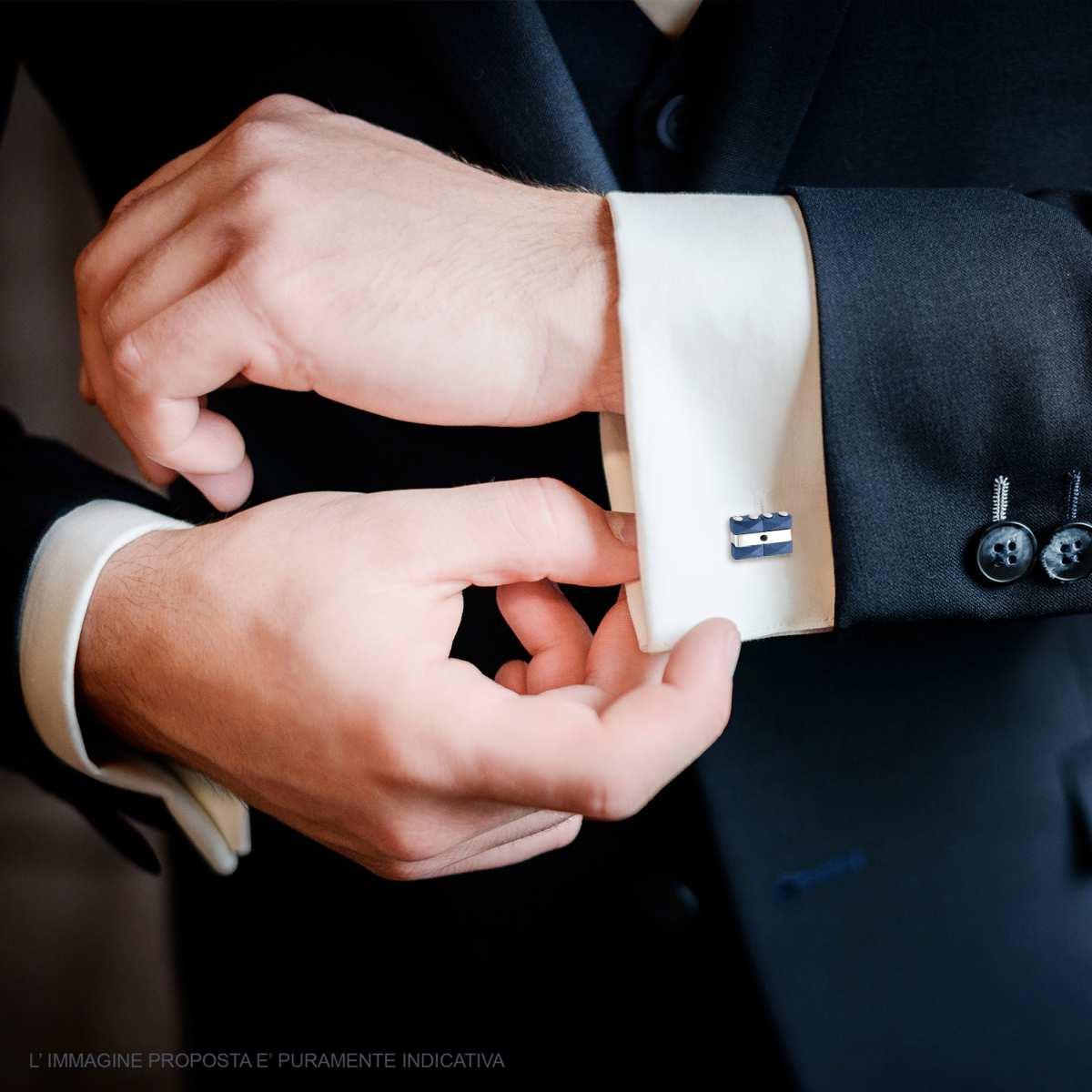 Accessori Gemelli Uomo Rettangolare mm 10 x 13 Ceramica Blu e Crystal Nero in ACCIAIO