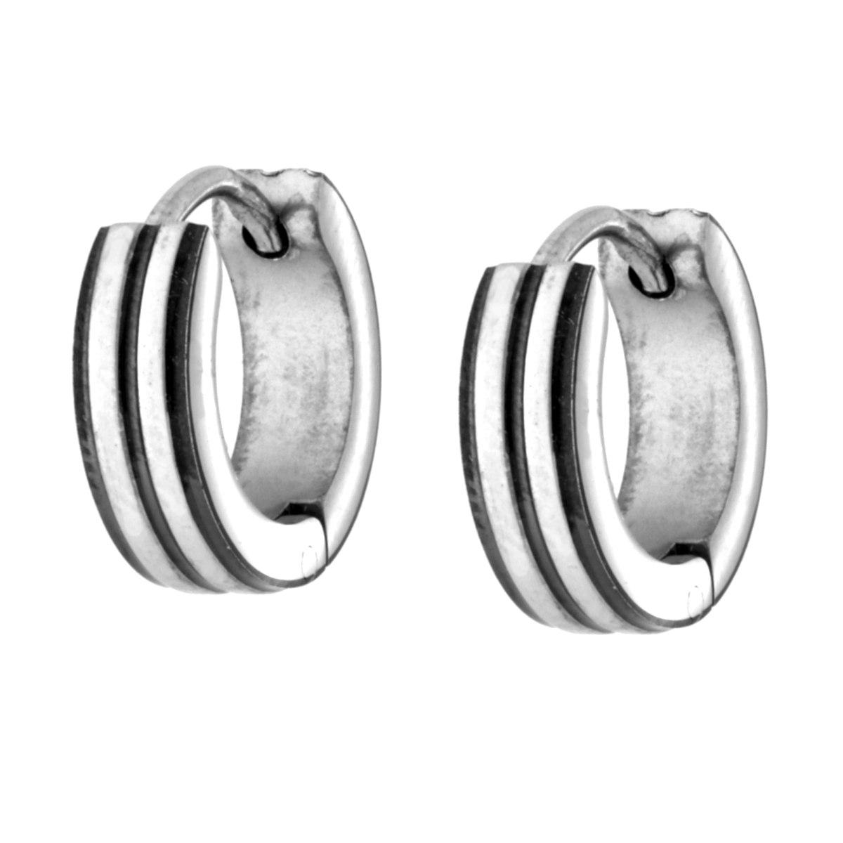 Orecchini Cerchio Strisce Smalto Nero in ACCIAIO