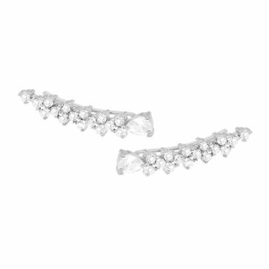 Orecchini Ear Cuff Sali Orecchio con Goccia e Cubic Zirconia Bianchi in ARGENTO 925 Galvanica Rodio