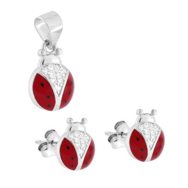 Parure Set Orecchini e Ciondolo Coccinella smalto Rosso con Zirconi Bianchi in ARGENTO 925 Galvanica Rodio