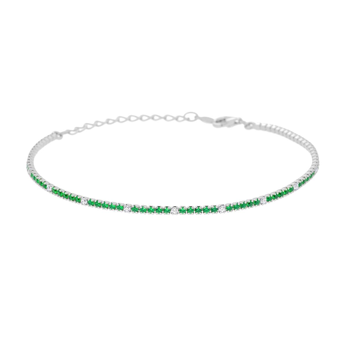 Bracciale Tennis Griffe cm 16+3 con Zirconi mm 1.5 alternati Verde Smeraldo e Bianchi in ARGENTO 925 Galvanica Rodio