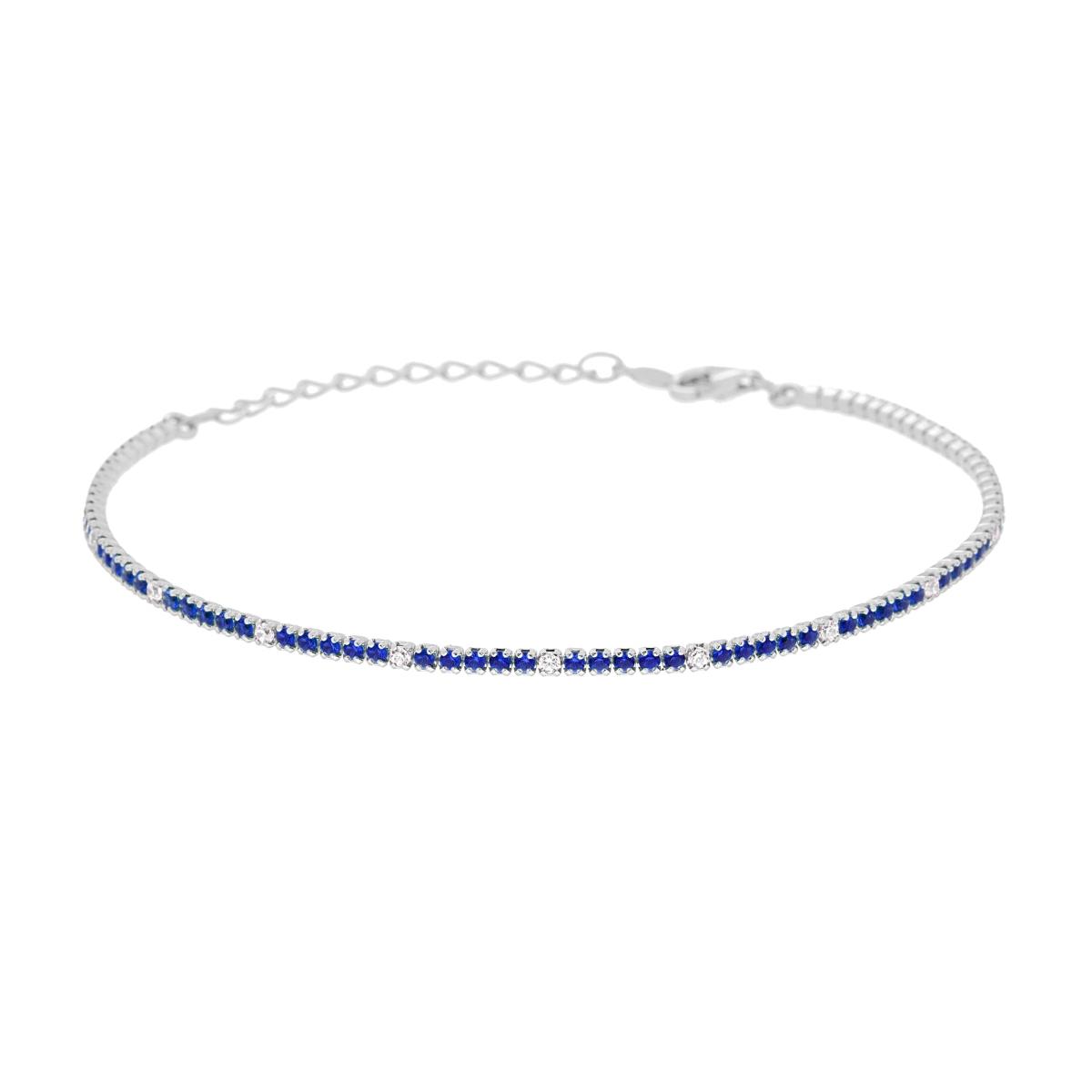 Bracciale Tennis cm 16+3 con Zirconi mm 1.5 alternati Blu Zaffiro e Bianchi in ARGENTO 925 Galvanica Rodio