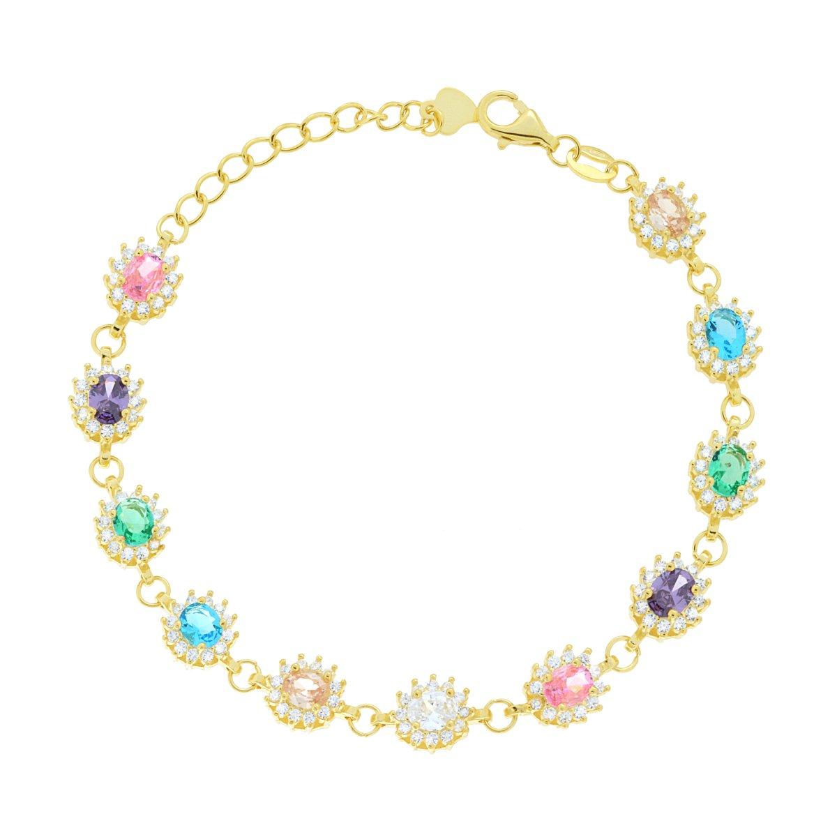 Bracciale Tennis Ovali Multicolor contornati da Cubic Zirconia Bianchi in ARGENTO 925 Galvanica Oro