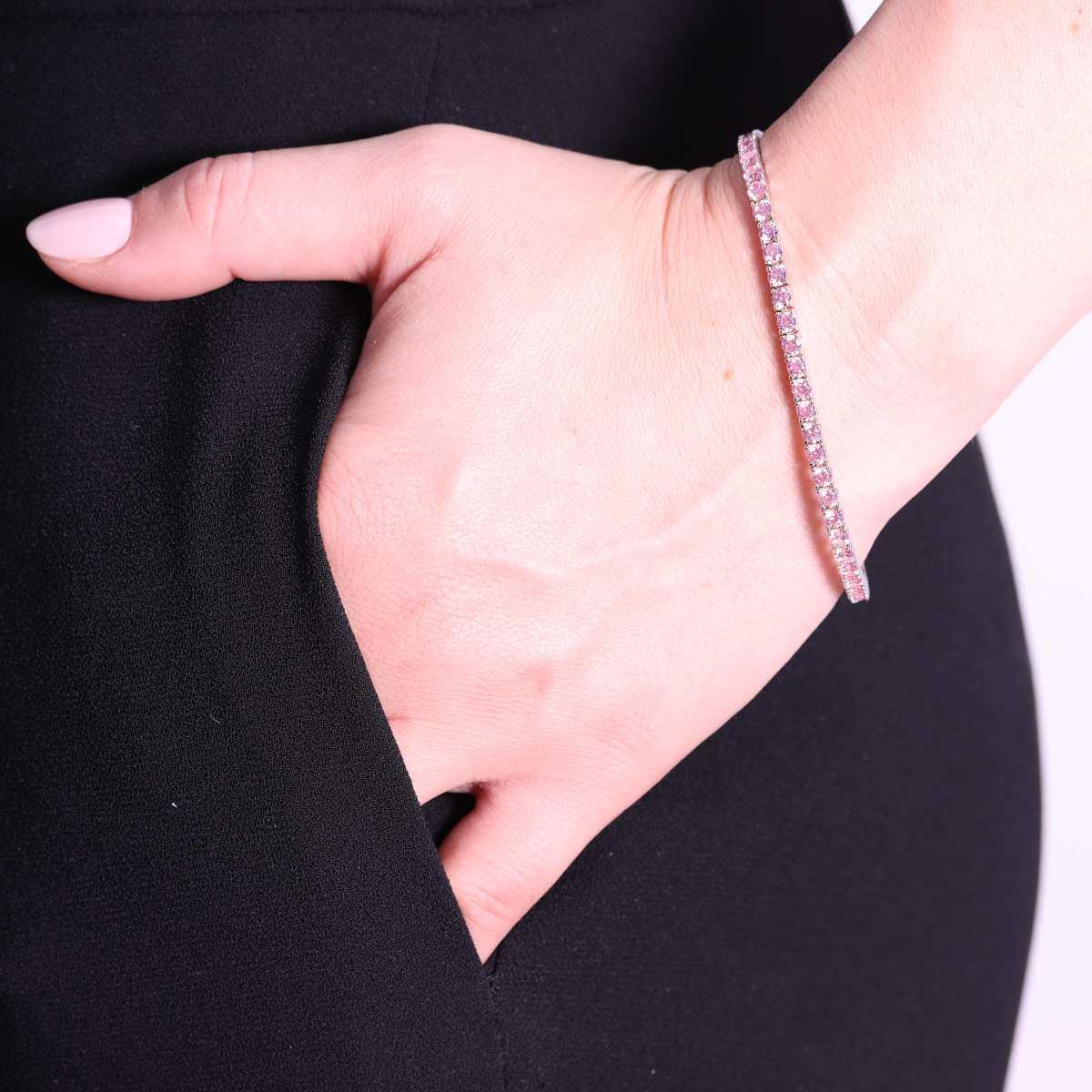 Bracciale Tennis Griffe cm 16,5 con Zirconi mm 3 Rosa in ARGENTO 925 Galvanica Rodio