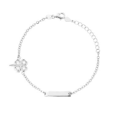 Bracciale Bimbo Bimba Catena Forzatina Diamantata con Targa e Quadrifoglio Cubic Zirconia Bianchi in ARGENTO 925 Galvanica Rodio