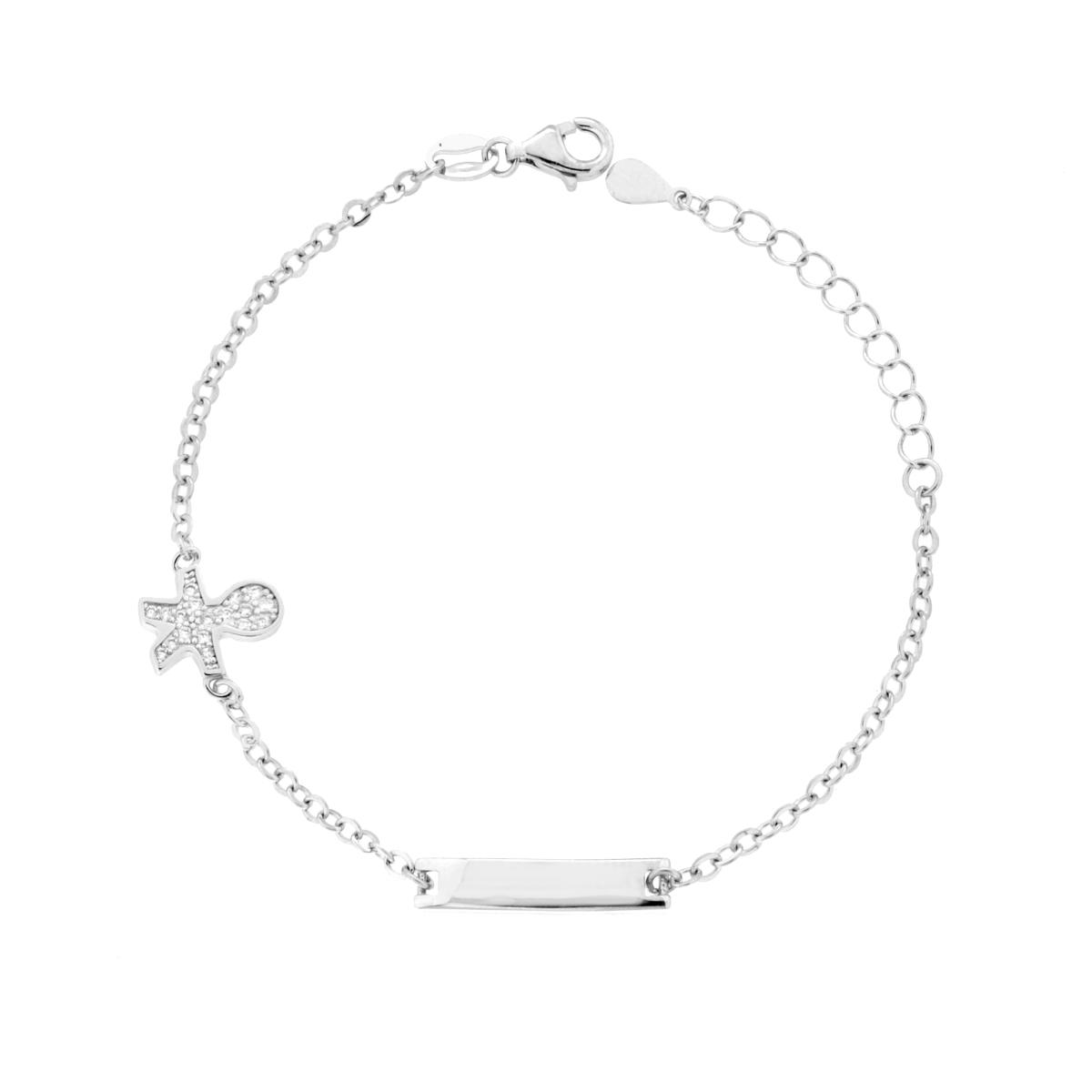 Bracciale Bimbo Bimba Catena Forzatina Diamantata con Targa e Bimbo con Cubic Zirconia Bianchi in ARGENTO 925 Galvanica Rodio