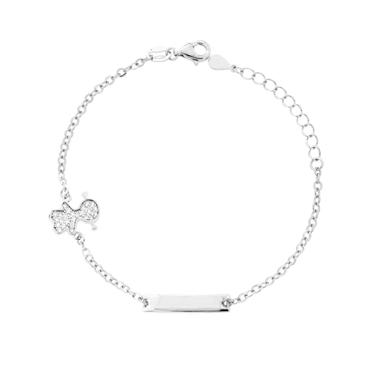 Bracciale Bimbo Bimba Catena Forzatina Diamantata con Targa e Bimba con Cubic Zirconia Bianchi in ARGENTO 925 Galvanica Rodio