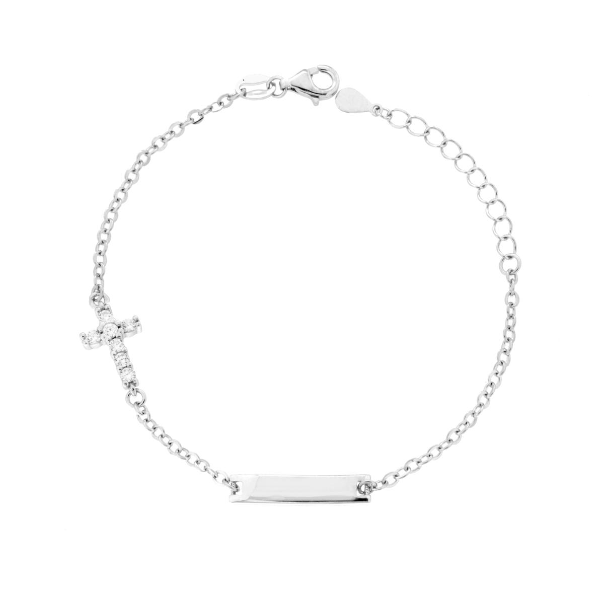 Bracciale Bimbo Bimba Catena Forzatina Diamantata con Targa e Croce Cubic Zirconia Bianchi in ARGENTO 925 Galvanica Rodio