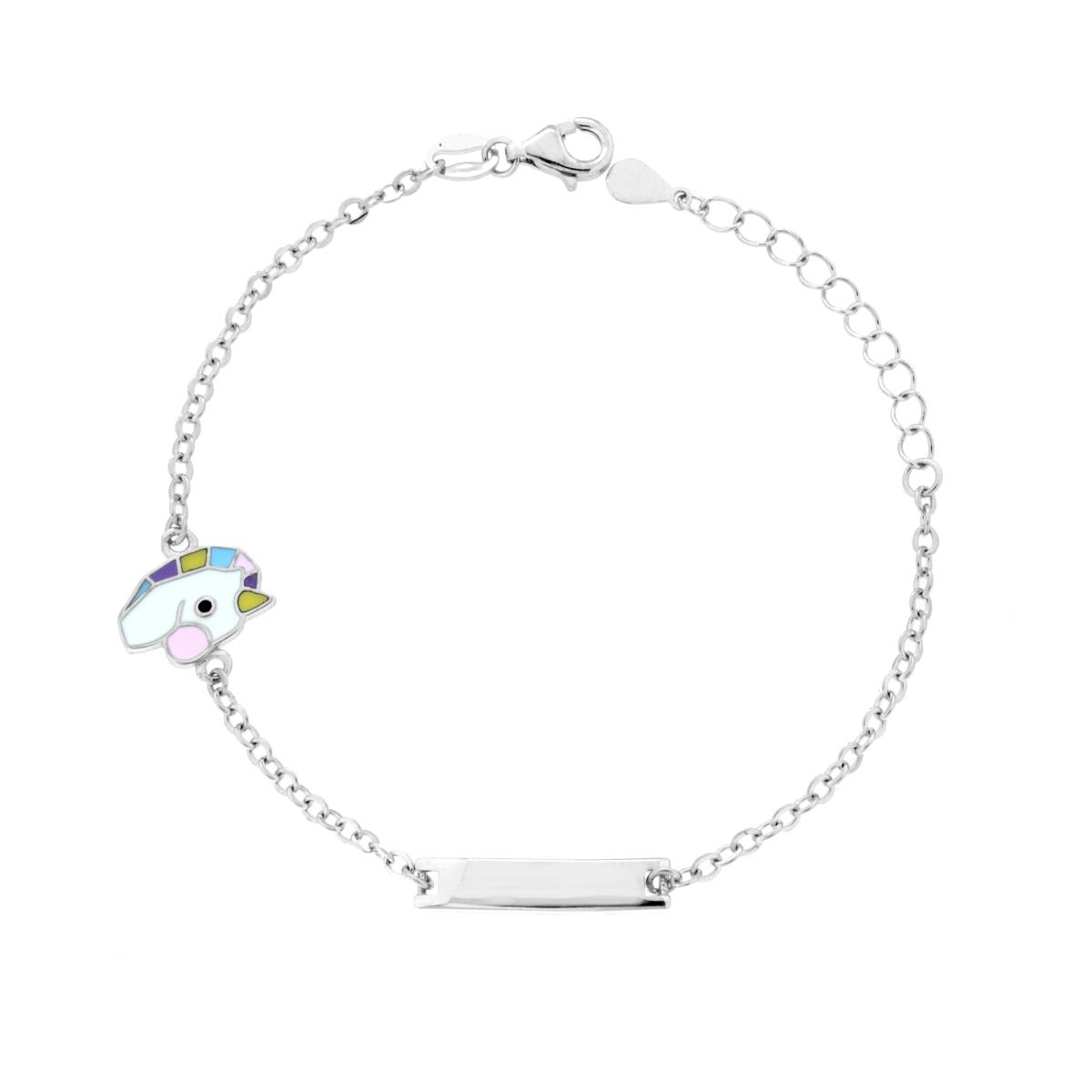 Bracciale Bimbo Bimba Catena Forzatina Diamantata con Targa e Unicorno con Smalto Multicolor in ARGENTO 925 Galvanica Rodio