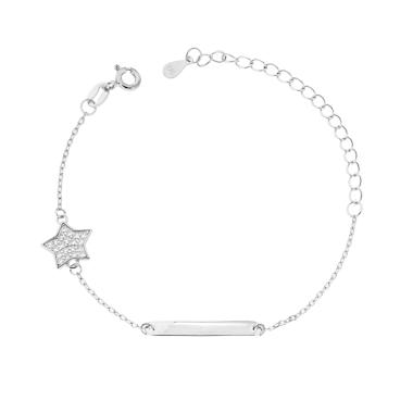 Bracciale Bimbo Bimba Catena Forzatina Diamantata con Targa e Stella con Cubic Zirconia Bianchi in ARGENTO 925 Galvanica Rodio