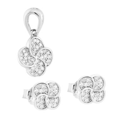 Parure Set Orecchini e Ciondolo Quadrifoglio con Cubic Zirconia Bianchi in ARGENTO 925 Galvanica Rodio