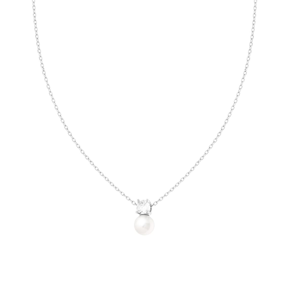 Collana Catena Forzatina Diamantata con Perla e Punto Luce Cubic Zirconia Bianco in ARGENTO 925 Galvanica Rodio