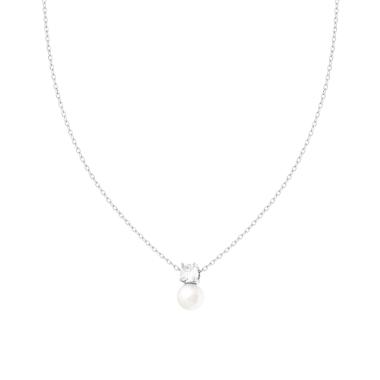 Collana Catena Forzatina Diamantata con Perla e Punto Luce Cubic Zirconia Bianco in ARGENTO 925 Galvanica Rodio