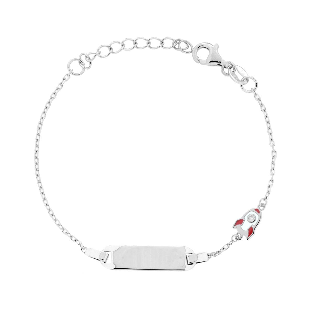 Bracciale Bimbo Bimba Catena Forzatina Diamantata con Targa e Razzo con Cubic Zirconia Bianco e Smalto in ARGENTO 925 Galvanica Rodio