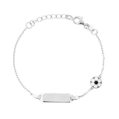 Bracciale Bimbo Bimba Catena Forzatina Diamantata con Targa Rettangolare e Pallone Calcio Smalto Bianco e Nero in ARGENTO 925 Galvanica Rodio