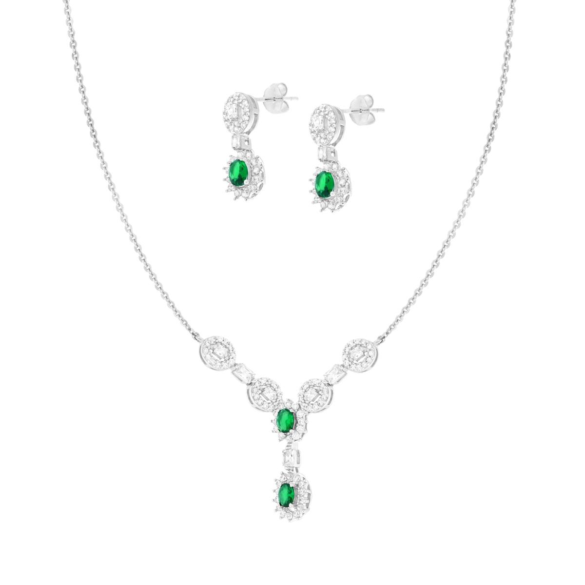 Parure Set Orecchini e Collana Ovali Verde Smeraldo contornati da Cubic Zirconia Bianchi in ARGENTO 925 Galvanica Rodio