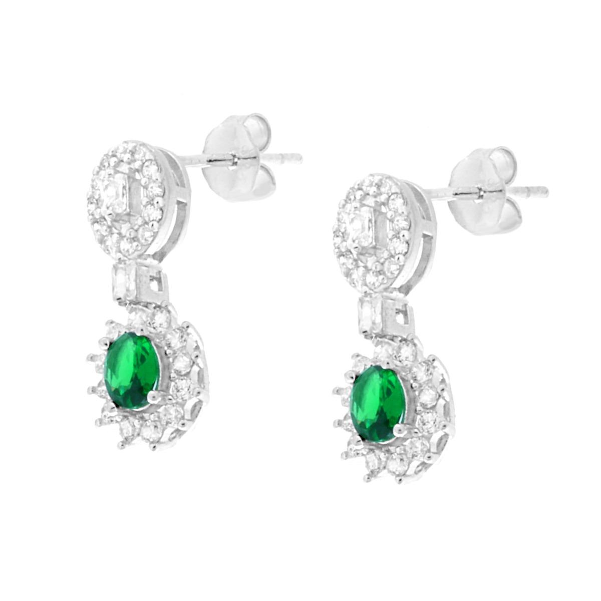 Parure Set Orecchini e Collana Ovali Verde Smeraldo contornati da Cubic Zirconia Bianchi in ARGENTO 925 Galvanica Rodio