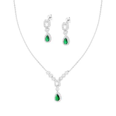 Parure Set Orecchini e Collana Goccia Verde Smeraldo contornati da Cubic Zirconia Bianchi in ARGENTO 925 Galvanica Rodio