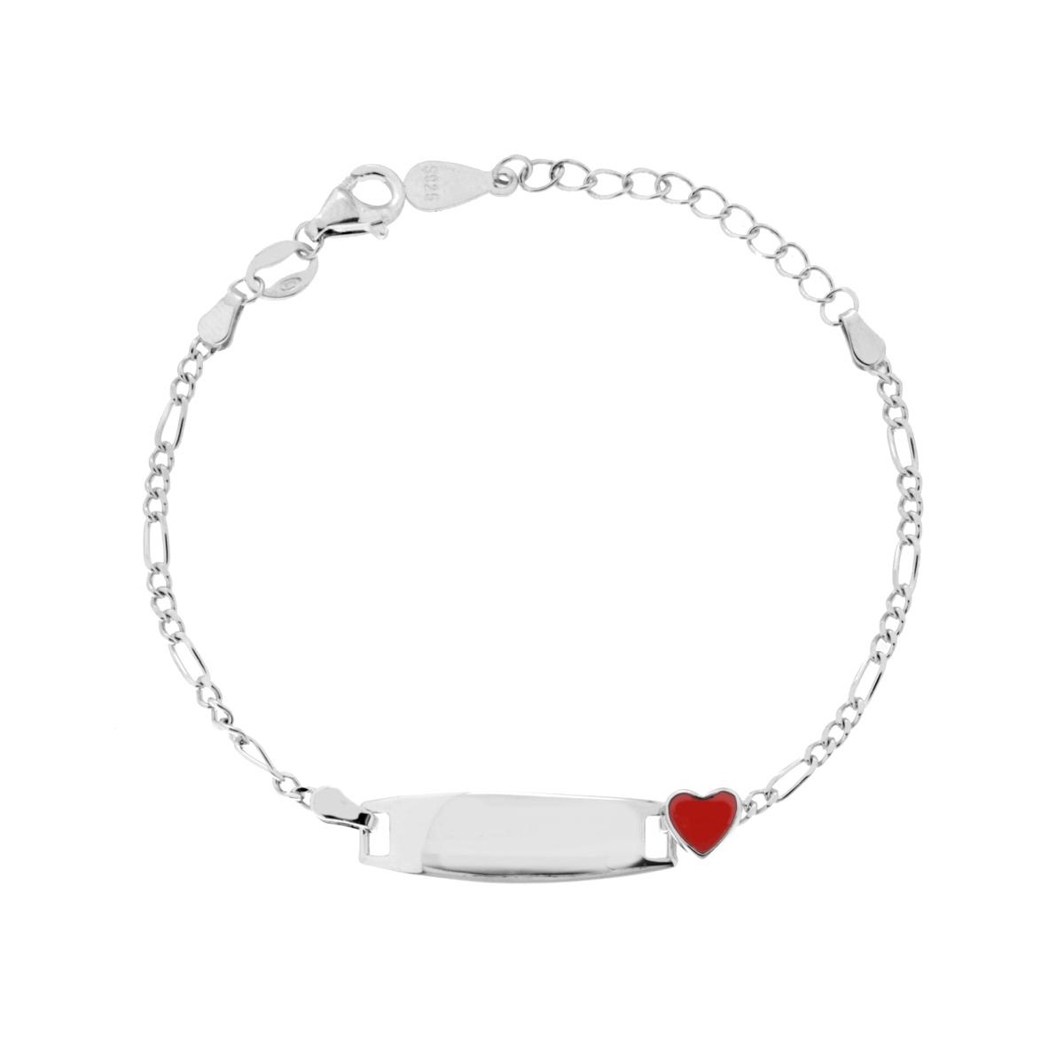 Bracciale Bimbo Bimba Catena Figaro Alternata con Targa e Cuore con Smalto Rosso in ARGENTO 925 Galvanica Rodio