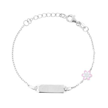 Bracciale Bimbo Bimba Catena Forzatina Diamantata con Targa Rettangolare e Fiore Smalto Bianco e Rosa in ARGENTO 925 Galvanica Rodio