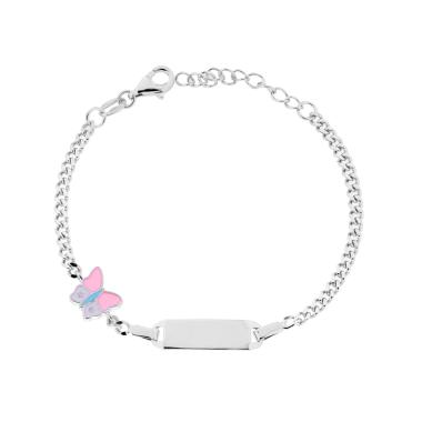 Bracciale Bimbo Bimba Catena Grumetta con Targa Rettangolare e Farfalla Smalto Rosa e Azzurro in ARGENTO 925 Galvanica Rodio