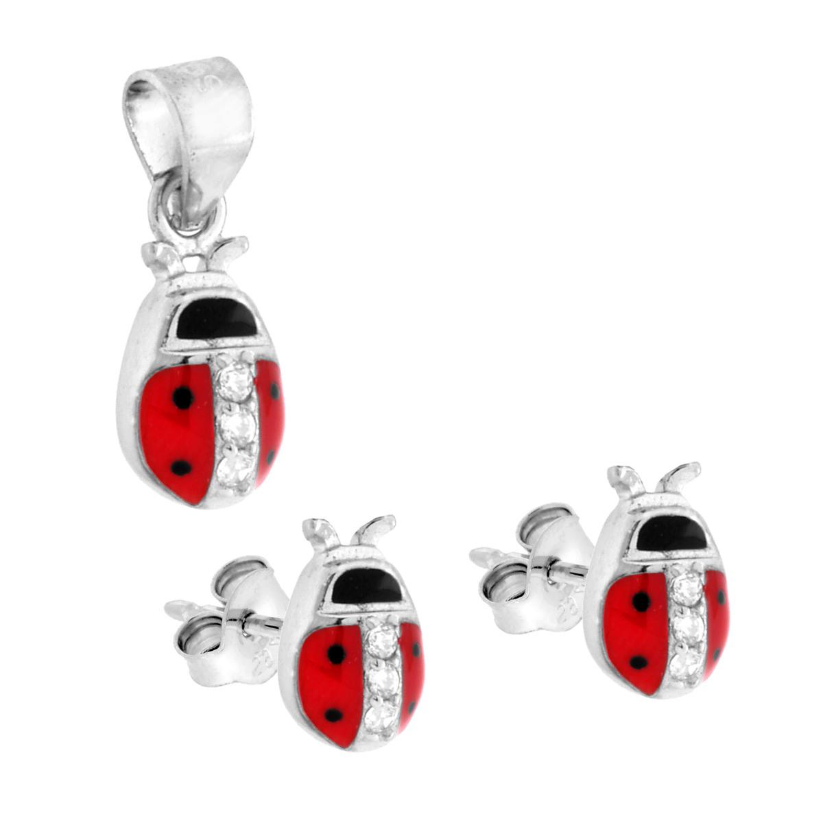 Parure Set Orecchini e Ciondolo Coccinelle smalto Rosso con Cubic Zirconia Bianchi in ARGENTO 925 Galvanica Rodio