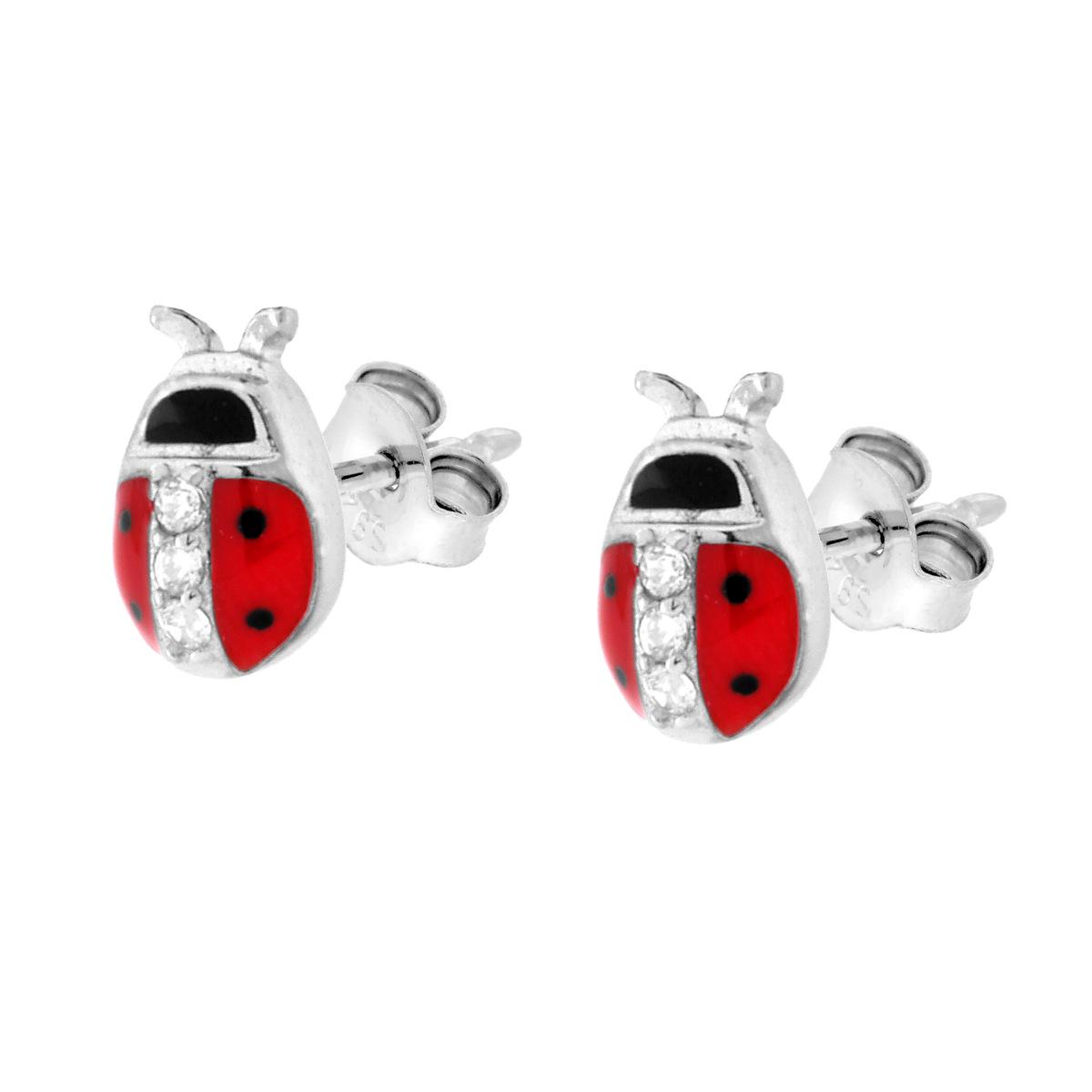 Parure Set Orecchini e Ciondolo Coccinelle smalto Rosso con Cubic Zirconia Bianchi in ARGENTO 925 Galvanica Rodio