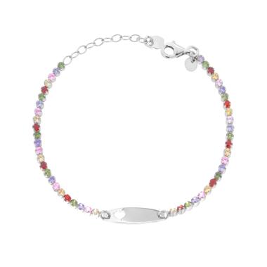 Bracciale Tennis con Cubic Zirconia Multicolor e Targa ovale traforata con Cuore in ARGENTO 925 Galvanica Rodio