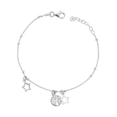 Bracciale Catena Forzatina con Palline Albero della Vita e Stelle in ARGENTO 925 Galvanica Rodio