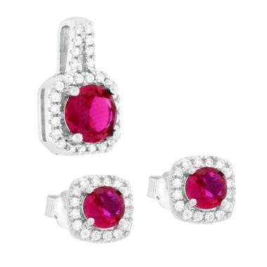 Parure Set Orecchini e Ciondolo Quadrato Cubic Zirconia Tondo Rosso Rubino contornato da Cubic Zirconia Bianchi in ARGENTO 925 Galvanica Rodio