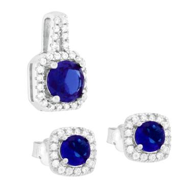 Parure Set Orecchini e Ciondolo Quadrato Cubic Zirconia Tondo Blu Zaffiro contornato da Cubic Zirconia Bianchi in ARGENTO 925 Galvanica Rodio