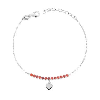 Bracciale Catena Rolo con Cubic Zirconia Rosso Rubino e Cuore plain pendente in ARGENTO 925 Galvanica Rodio