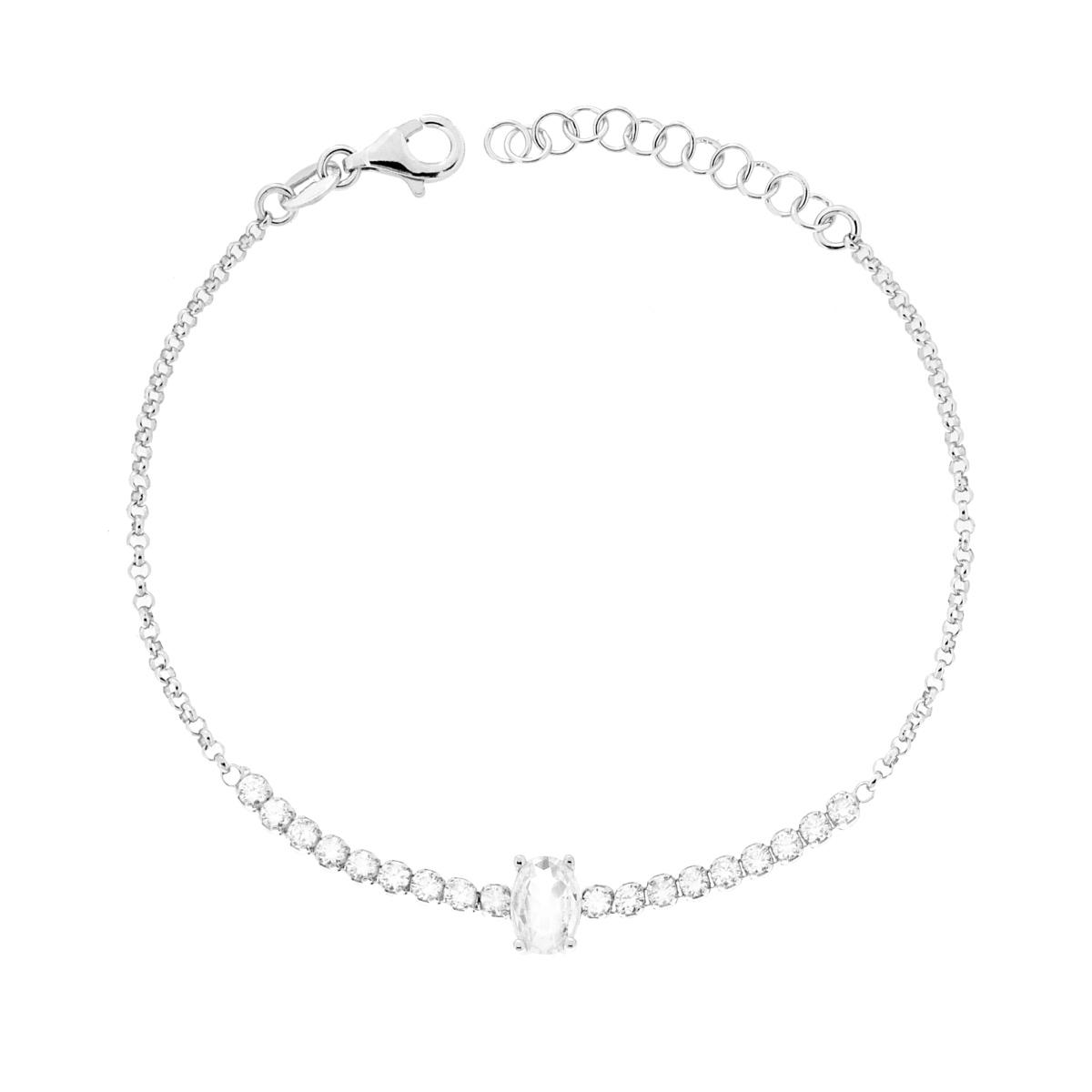 Bracciale Catena Rolo con Ovale e Tennis Cubic Zirconia Bianchi in ARGENTO 925 Galvanica Rodio