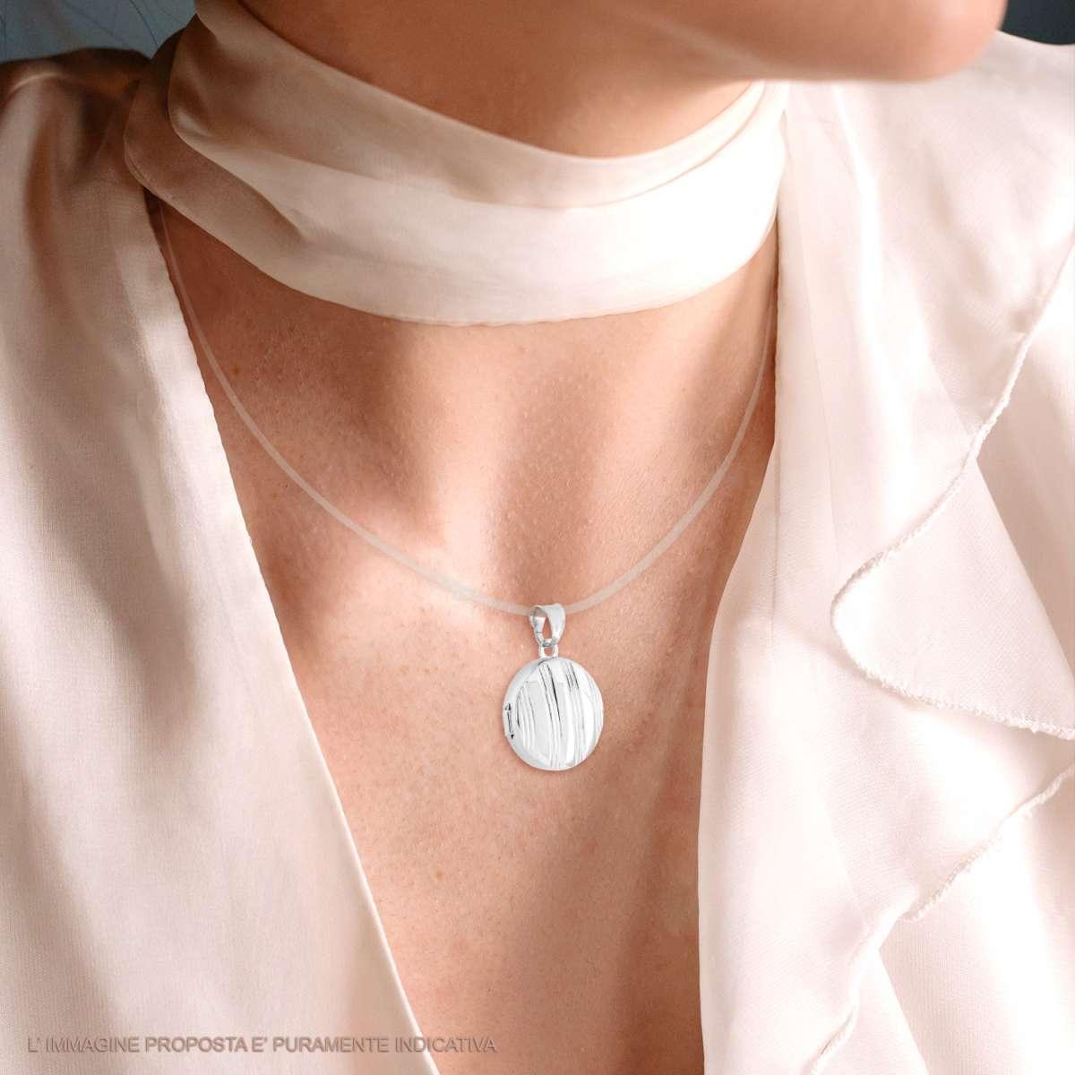 Ciondolo Portafoto o Porta Ricordi di forma di Tonda con Decoro Rigato mm 20 in ARGENTO 925 Galvanica Rodio