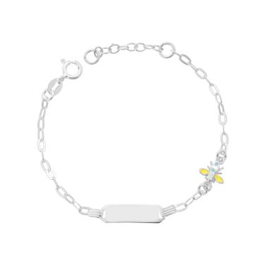 Bracciale Bimbo Bimba Catena Forzatina Ovale Diamantata con Targa Rettangolare e Insetto Ape con Smalto Giallo e Azzurro in ARGENTO 925