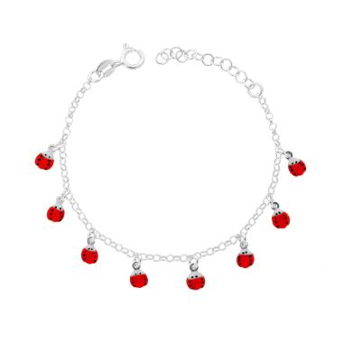 Bracciale Bimbo Bimba Catena Rolo Diamantata con Coccinelle smalto Rosso pendenti in ARGENTO 925