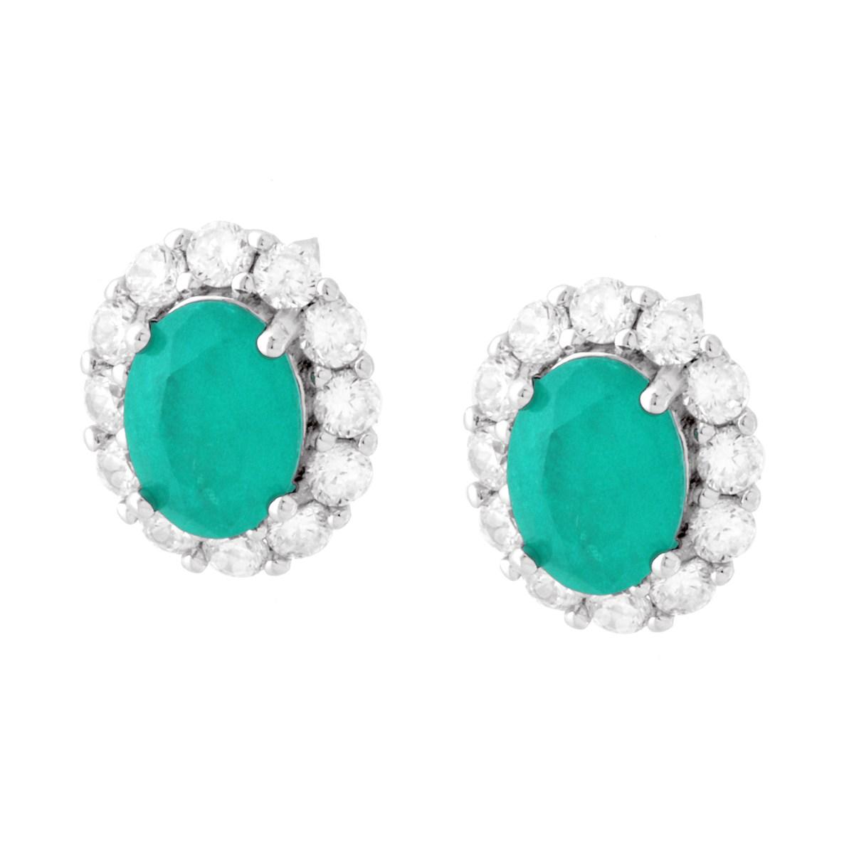 Orecchini Ovale Pietra Naturale Tormalina Paraiba contornato da Cubic Zirconia Bianchi in ARGENTO 925 Galvanica Rodio