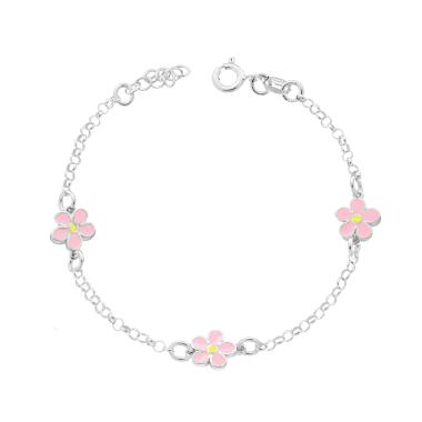 Bracciale Bimbo Bimba Catena Rolo Fiori con smalto Rosa in ARGENTO 925